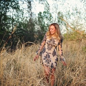 boutique blue and nude flare sleeve dress